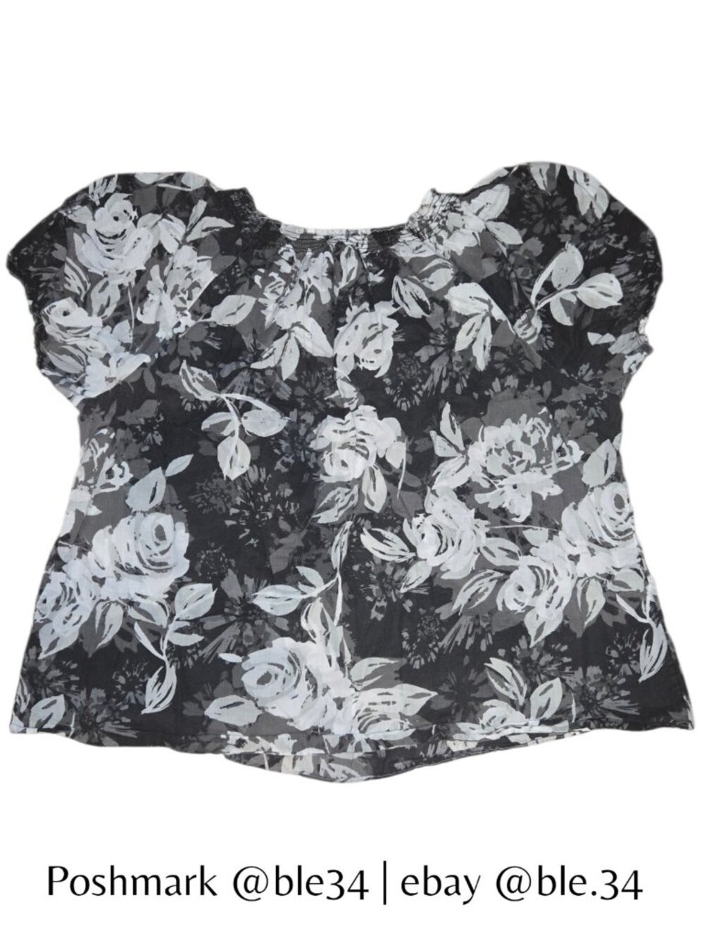 *SALE* Croft & Barrow Black Gray White Floral 100% Cotton Short Sleeve Blouse 3X